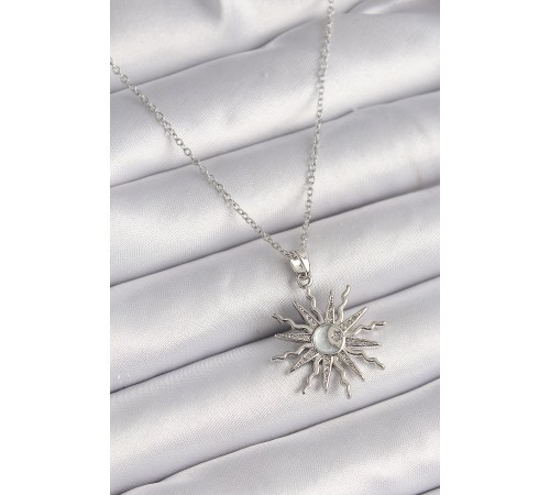 316L Çelik Gümüş Renk Zincir Zirkon Taşlı Yıldız Model Sedefli Ay İşleme Detay Kadın Kolye - TJ-BKO9631