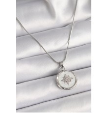 316L Çelik Gümüş Renk Zincir Beyaz Sedefli Zirkon Taşlı Yıldız İşleme Model Kadın Kolye - TJ-BKO9635