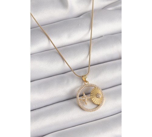 316L Çelik Gold Renk Zincir Zirkon Taşlı Yıldız İşleme Madalyon Model Kadın Kolye - TJ-BKO9636
