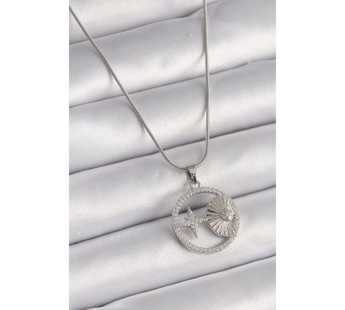 316L Çelik Gümüş Renk Zincir Zirkon Taşlı Yıldız Madalyon Model Kadın Kolye - TJ-BKO9637