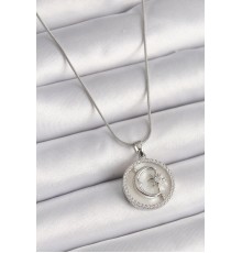 316L Çelik Gümüş Renk Zincir Zirkon Taş Detaylı Beyaz Sedefli Ay Yıldız İşleme Kadın Kolye - TJ-BKO9639