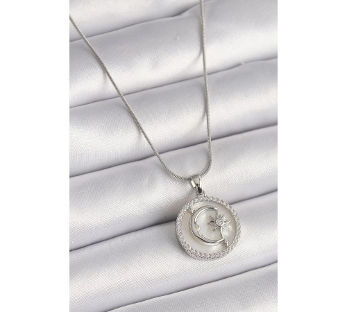 316L Çelik Gümüş Renk Zincir Zirkon Taş Detaylı Beyaz Sedefli Ay Yıldız İşleme Kadın Kolye - TJ-BKO9639