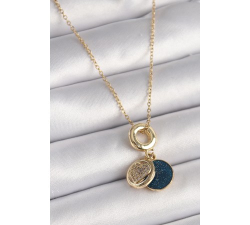 316L Çelik Gold Renk Zincir Zirkon Taşlı Kalp Model Mavi Simli Kadın Kolye - TJ-BKO9640