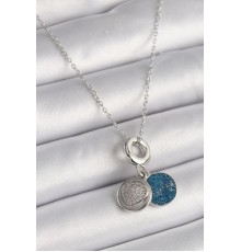 316L Çelik Gümüş Renk Zincir Zirkon Taşlı İşleme Mavi Simli Kadın Kolye - TJ-BKO9641