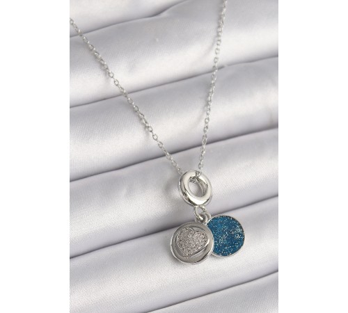 316L Çelik Gümüş Renk Zincir Zirkon Taşlı İşleme Mavi Simli Kadın Kolye - TJ-BKO9641