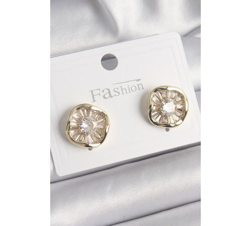 Pirinç Gold Renk Zirkon Taşlı Yonca Model Kadın Küpe - TJ-BKP9850