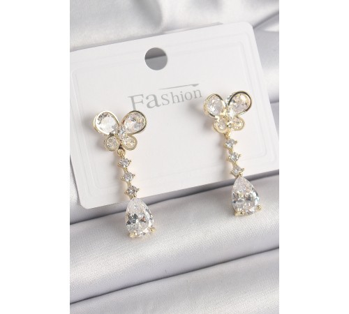 Pirinç Gold Renk Zirkon Taşlı Model Sallantı Damla Zirkon Taş Kadın Küpe - TJ-BKP9860