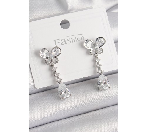 Pirinç Gümüş Renk Model Sallantı Damla Zirkon Taşlı Kadın Küpe - TJ-BKP9861