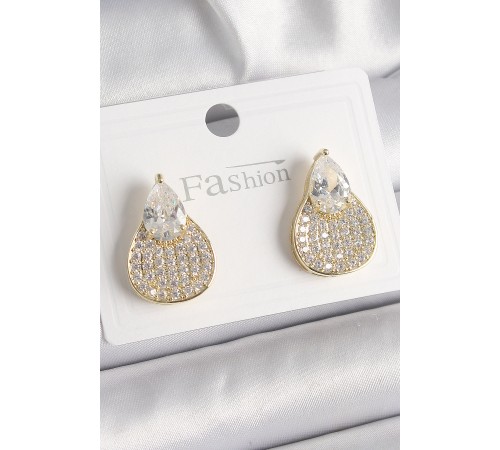 Pirinç Gold Renk Zirkon Taşlı Damla Model Kadın Küpe - TJ-BKP9870