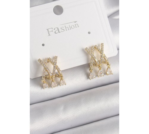 Pirinç Gold Renk Zirkon Taşlı X Model Sallantı Detay Kadın Küpe - TJ-BKP9872