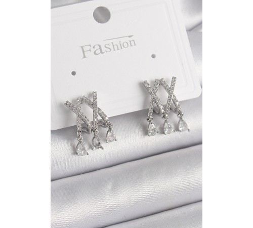 Pirinç Gümüş Renk Zirkon Taşlı X Model Sallantı Detay Kadın Küpe - TJ-BKP9873