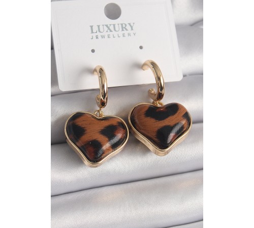 Pirinç Gold Renk 3D Kalp Leopar Desen Model Kadın Küpe - TJ-BKP9875