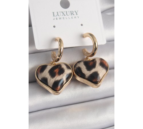 Pirinç Gold Renk 3D Kalp Leopar Model Kadın Küpe - TJ-BKP9876