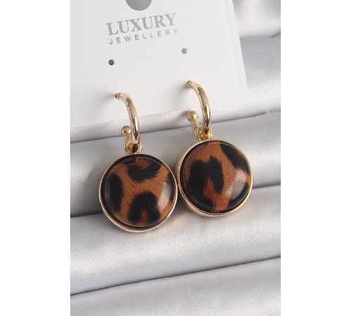 Pirinç Gold Renk Leopar Desenli Daire Model Kadın Küpe - TJ-BKP9877