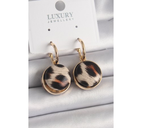 Pirinç Gold Renk Leopar Desenli Daire Model Kadın Küpe - TJ-BKP9878