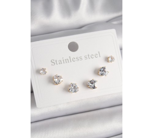 316L Çelik Gold Renk Zirkon Taşlı Kalp Model Kadın Küpe Seti - TJ-BKP9880