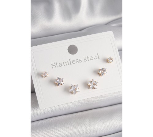 316L Çelik Gold Renk Zirkon Taşlı Yıldız Model Kadın Küpe Seti - TJ-BKP9882