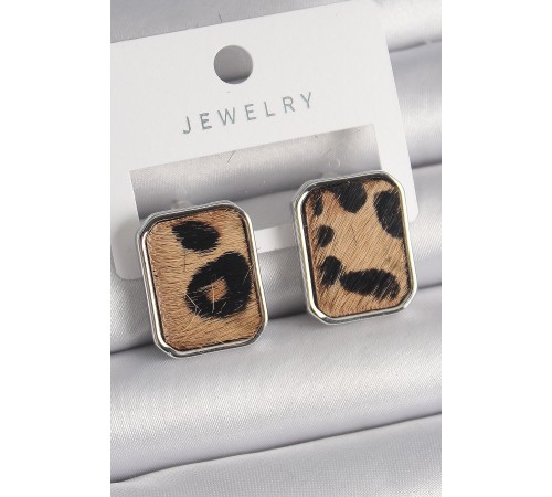 Pirinç Gümüş Renk Leopar Desenli Kare Model Kadın Küpe - TJ-BKP9888