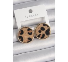 Pirinç Gold Renk Daire Plaka Model Leopar Desenli Kadın Küpe - TJ-BKP9889