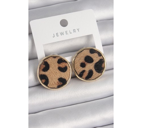 Pirinç Gold Renk Daire Plaka Model Leopar Desenli Kadın Küpe - TJ-BKP9889