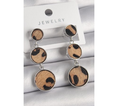 Pirinç Gümüş Renk 3'Lü Daire Plaka Leopar Desenli Kadın Küpe - TJ-BKP9892