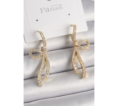 Pirinç Gold Renk Zirkon Taşlı Kurdele Model Kadın Küpe - TJ-BKP9897