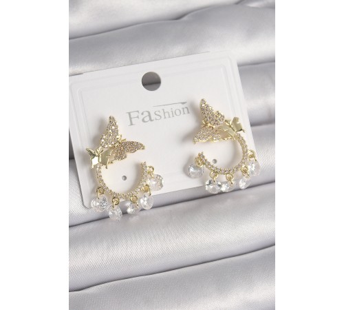 Pirinç Gold Renk Zirkon Taşlı Sallantı Detay Model Kadın Küpe - TJ-BKP9901