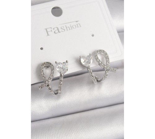 Pirinç Gümüş Renk Düğüm Model Zirkon Taşlı Kalp Detay Kadın Küpe - TJ-BKP9910