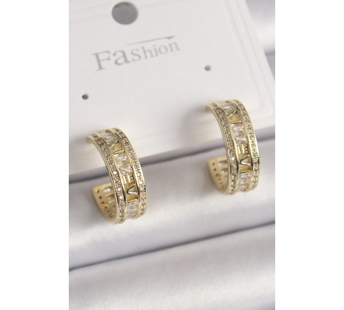 Pirinç Gold Renk Zirkon Taşlı İşleme Detay Halka Model Kadın Küpe - TJ-BKP9913