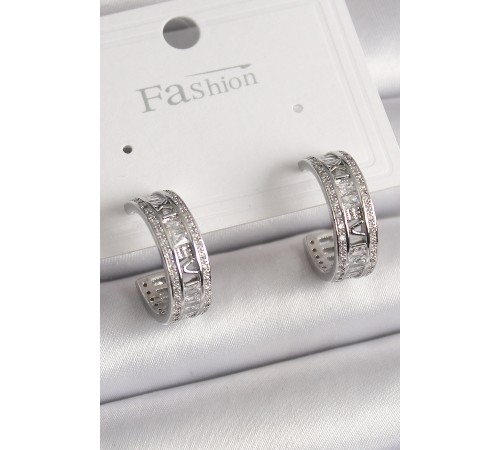 Pirinç Gümüş Renk Zirkon Taşlı İşleme Detay Halka Model Kadın Küpe - TJ-BKP9914