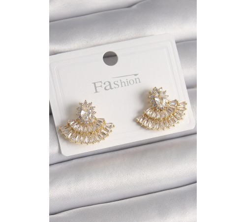 Pirinç Gold Renk Zirkon Taşlı Yelpaze Model Kadın Küpe - TJ-BKP9915