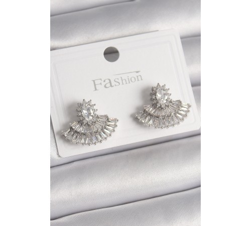 Pirinç Gümüş Renk Zirkon Taşlı Yelpaze Model Kadın Küpe - TJ-BKP9916