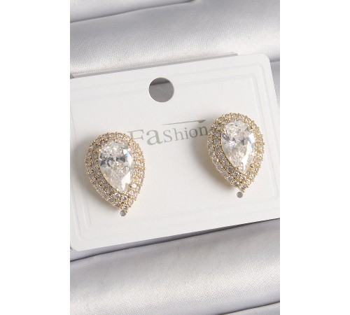 Pirinç Gold Renk Zirkon Taşlı Damla Model Kadın Küpe - TJ-BKP9917