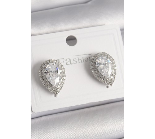 Pirinç Gümüş Renk Zirkon Taşlı Damla Model Kadın Küpe - TJ-BKP9918