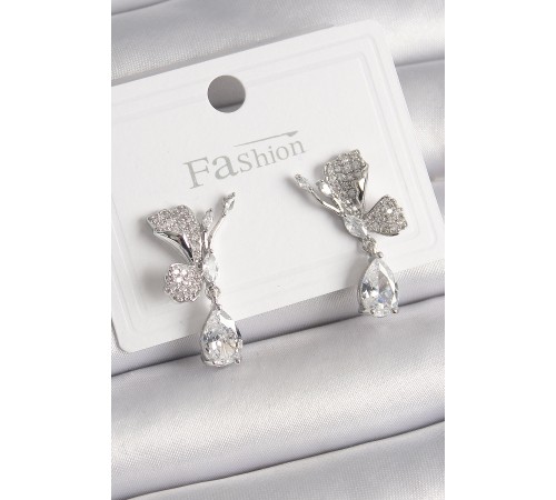 Pirinç Gümüş Renk Zirkon Taşlı Turna Kuşu Model Sallantı Detay Kadın Küpe - TJ-BKP9920