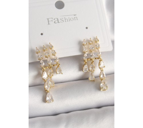 Pirinç Gold Renk Zirkon Taşlı Yağmur Model Kadın Küpe - TJ-BKP9935