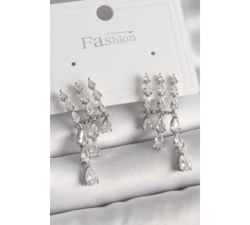 Pirinç Gümüş Renk Zirkon Taşlı Yağmur Model Kadın Küpe - TJ-BKP9936