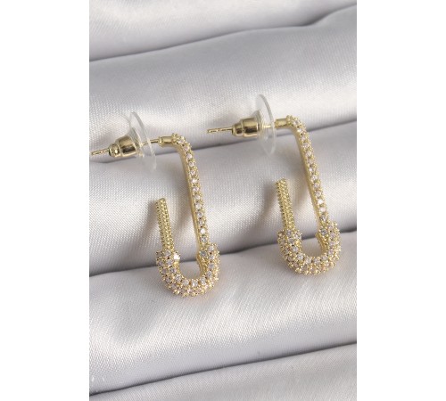 Pirinç Gold Renk Zirkon Taşlı Çengelli İğne Model Kadın Küpe - TJ-BKP9937