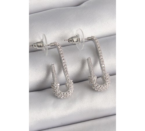 Pirinç Gümüş Renk Zirkon Taşlı Çengelli İğne Model Kadın Küpe - TJ-BKP9938