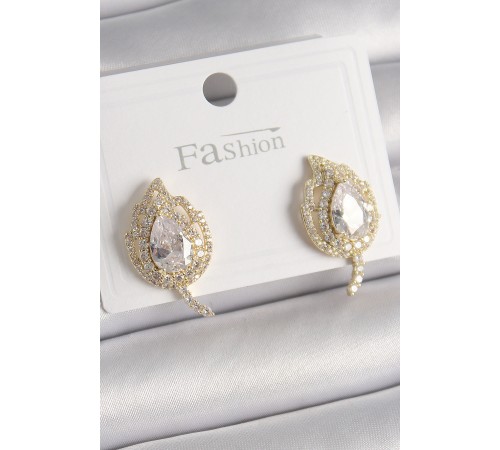 Pirinç Gold Renk Zirkon Taşlı Yaprak Model Kadın Küpe - TJ-BKP9945