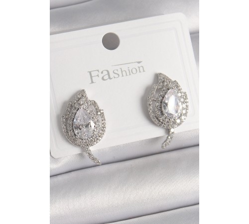 Pirinç Gümüş Renk Zirkon Taşlı Yaprak Model Kadın Küpe - TJ-BKP9946