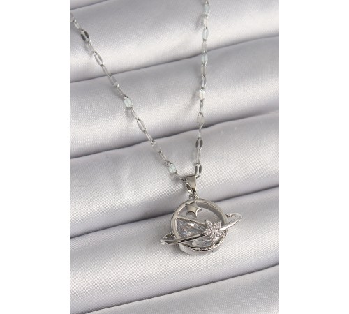 316L Çelik Gümüş Renk Zincir Zirkon Taşlı Yıldız Detay Gezegen Model Kadın Kolye - TJ-BKO9643
