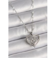 316L Çelik Gümüş Renk Zincir Zirkon Taşlı Kalp Anne Çocuk Figür Kadın Kolye - TJ-BKO9649