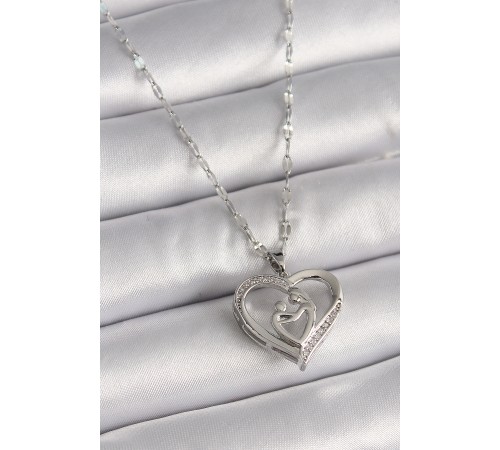 316L Çelik Gümüş Renk Zincir Zirkon Taşlı Kalp Anne Çocuk Figür Kadın Kolye - TJ-BKO9649
