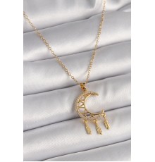 316L Çelik Gold Renk Zincir Zirkon Taşlı Hilal Model Sallantı Yaprak Detay Kadın Kolye - TJ-BKO9650