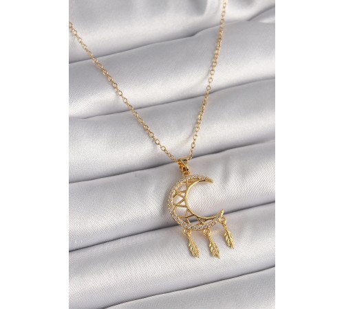 316L Çelik Gold Renk Zincir Zirkon Taşlı Hilal Model Sallantı Yaprak Detay Kadın Kolye - TJ-BKO9650