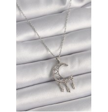 316L Çelik Gümüş Renk Zincir Zirkon Taşlı Hilal Model Sallantı Yaprak Detay Kadın Kolye - TJ-BKO9651
