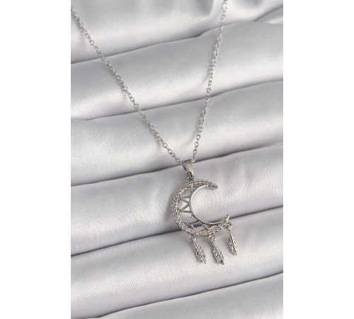 316L Çelik Gümüş Renk Zincir Zirkon Taşlı Hilal Model Sallantı Yaprak Detay Kadın Kolye - TJ-BKO9651