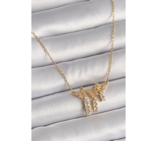 316L Çelik Gold Renk Zincir Zirkon Taşlı Model Sallantı Detay Kadın Kolye - TJ-BKO9652