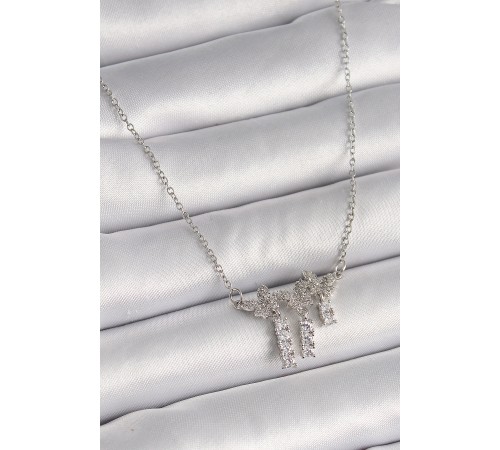 316L Çelik Gümüş Renk Zincir Zirkon Taşlı Model Sallantı Detay Kadın Kolye - TJ-BKO9653